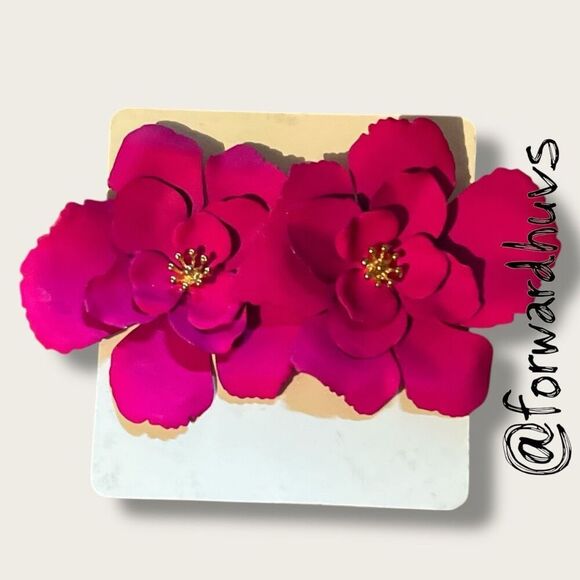 Hand Crafted Oversized Fuchsia Porcelain Floral Earrings - Picture 3 of 8